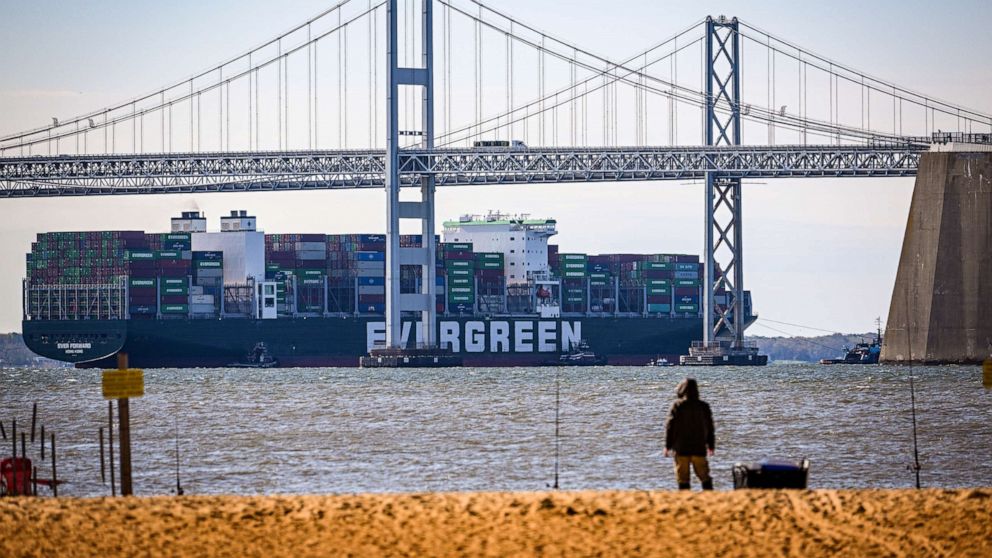 PHOTO: Evergreen Marine's Ever Forward container ship passes under the Chesapeake Bay Bridge after it was freed after running aground outside the shipping channel off Pasadena, Md., where is had spent the past month stuck.