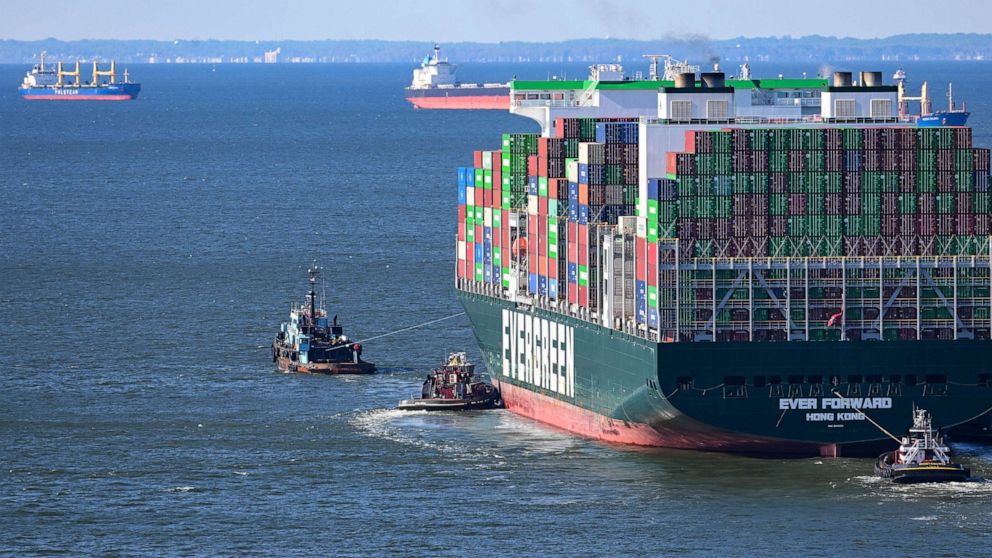 PHOTO: Evergreen Marine's Ever Forward container ship is taken to an anchorage south of the Chesapeake Bay Bridge after it was freed after running aground outside the shipping channel off Pasadena, Md., where is had spent the past month stuck.