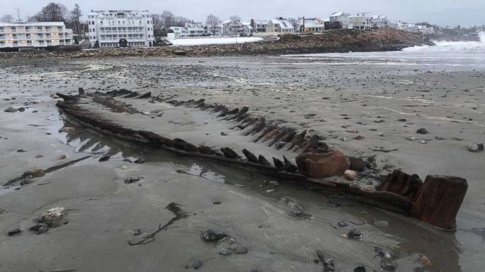 The skeleton of a nearly 250-year-old shipwreck was revealed on a beach in York, Maine, March 5, 2018, after last week's nor'easter pummeled the Atlantic coast. 