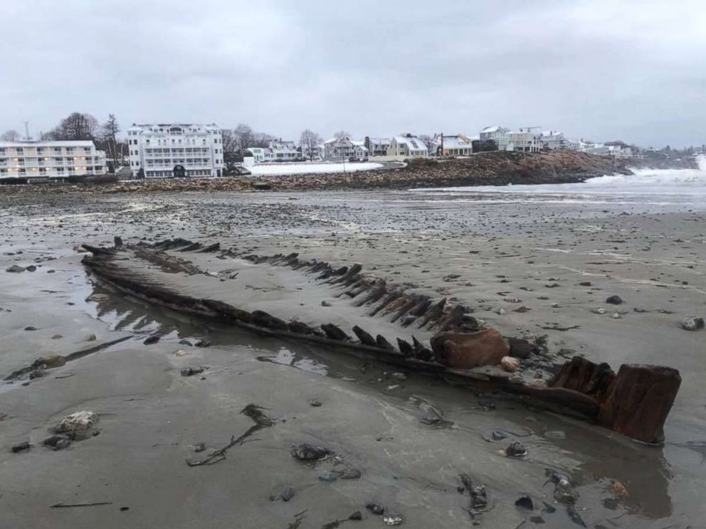 PHOTO: An estimated 160-year-old shipwreck was revealed on a beach in York, Maine after last week's nor'easter pummeled the Northeast coast. 