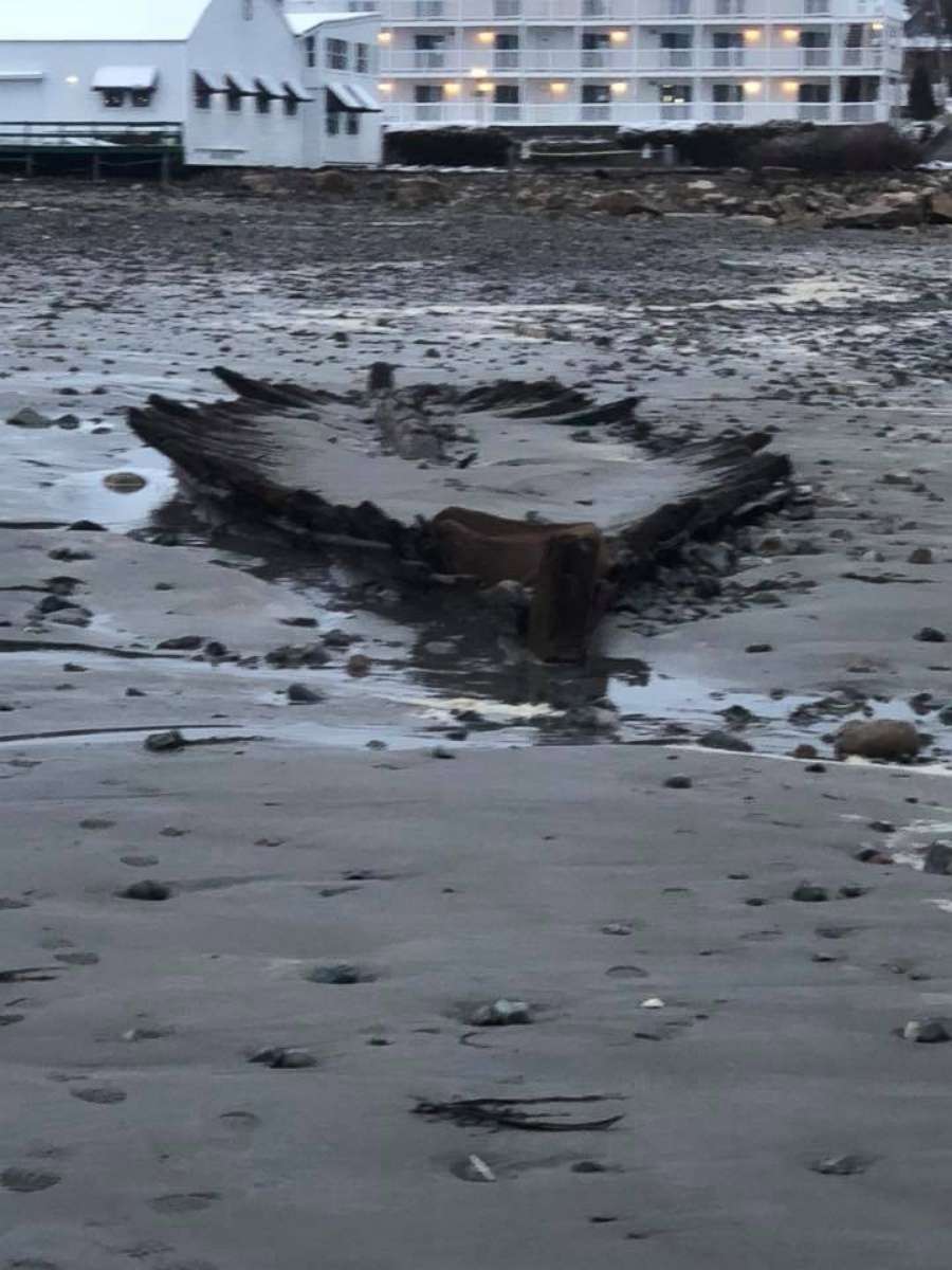PHOTO: An estimated 160-year-old shipwreck was revealed on a beach in York, Maine after last week's nor'easter pummeled the Northeast coast. 
