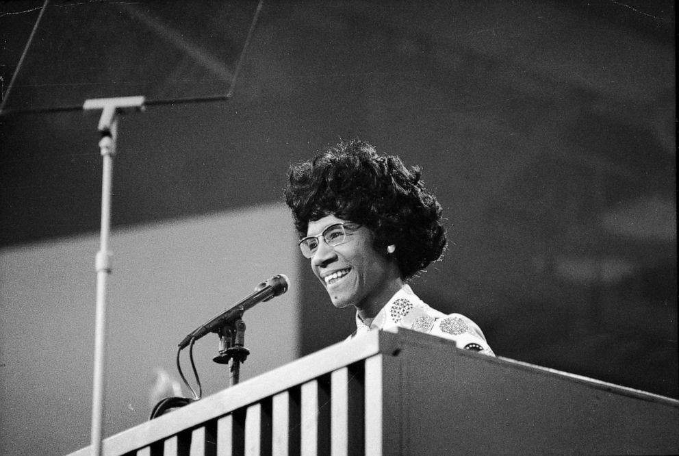 PHOTO: Congresswoman Shirley Chisholm speaks at a podium at the Democratic National Convention, Miami Beach, Fla, July 1972.