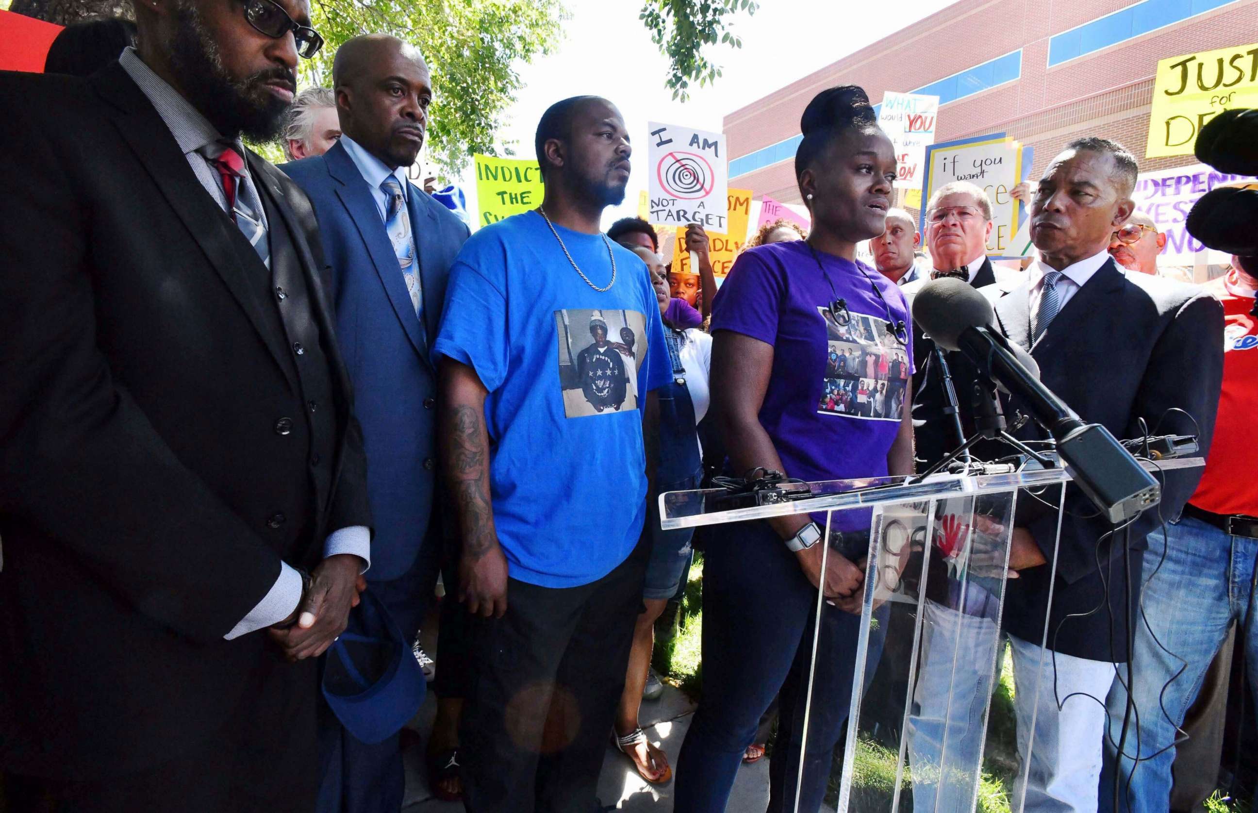 PHOTO: Delisha Searcy, mother of De'Von Bailey, at podium, speaks at a news conference in front of the Colorado Springs Police Department Police Operations Center, Tuesday, Aug. 13, 2019, in Colorado Springs, Colo.