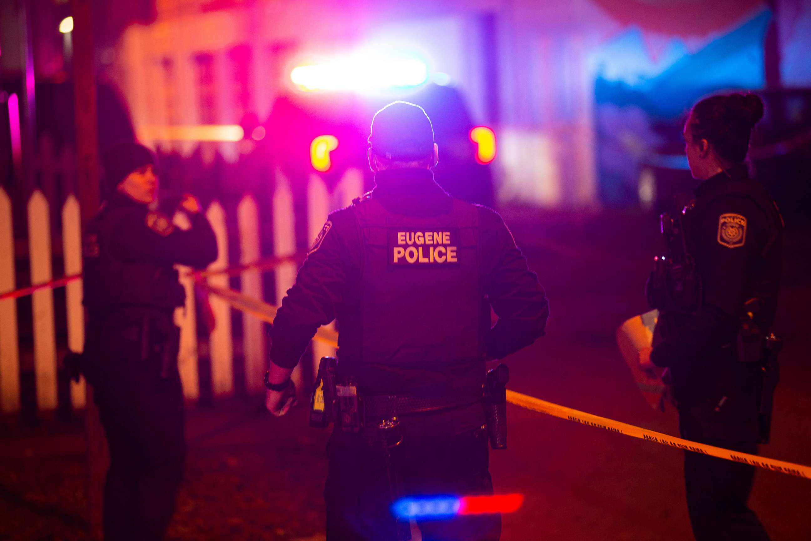 PHOTO: Eugene Police secure the scene of a shooting outside the WOW Hall in Eugene, Ore., Jan. 14, 2022.