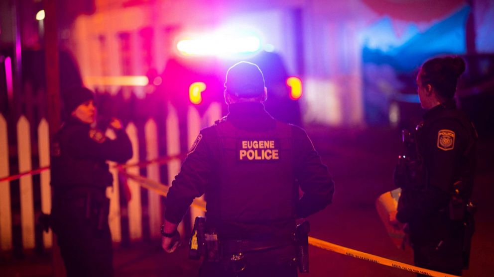 PHOTO: Eugene Police secure the scene of a shooting outside the WOW Hall in Eugene, Ore., Jan. 14, 2022.