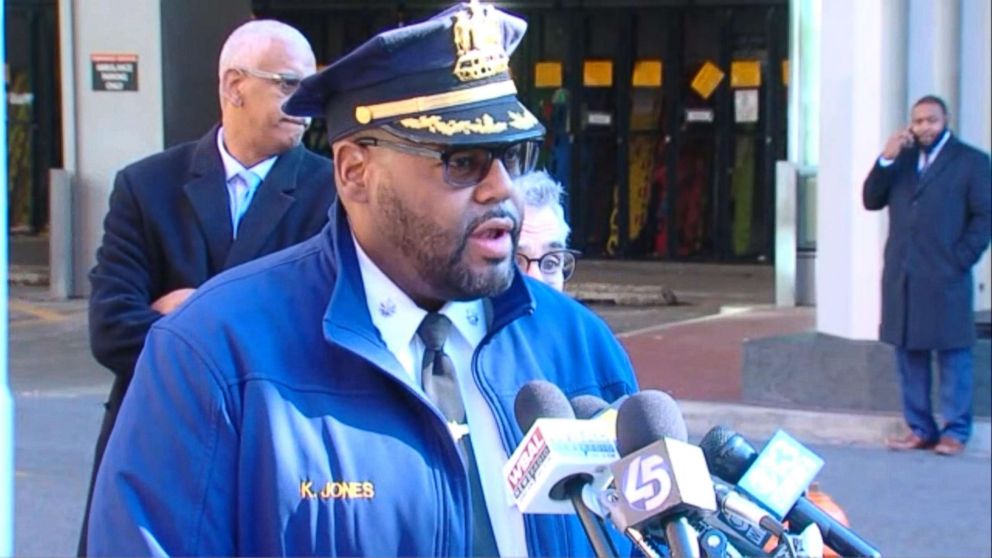 PHOTO: Lt. Col. Kevin Jones brief's reporters on a shooting outside the University of Maryland Medical Center on Feb. 4, 2019, that left an employee of the hospital critically wounded. 