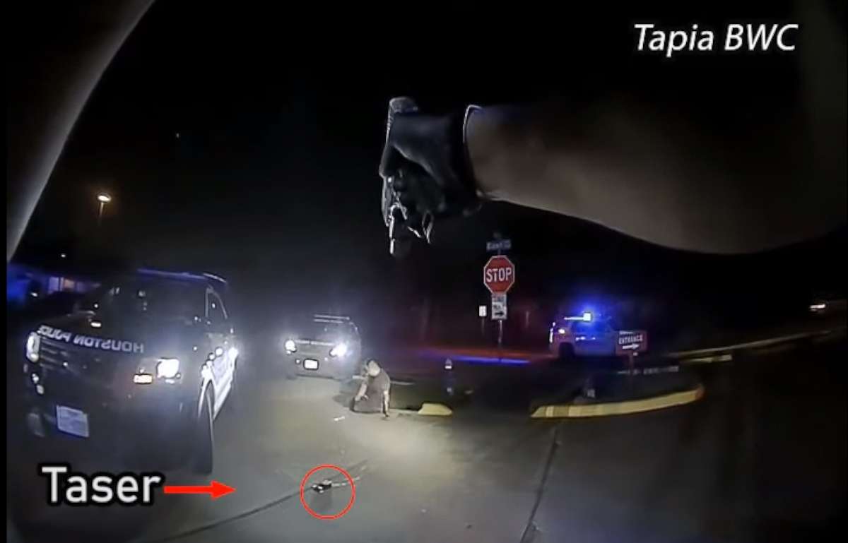 PHOTO: Nicolas Chavez, seen in body-camera footage provided by the Houston Police Department of the shooting incident on April 21, 2020. The department highlighted a stun gun that Chavez could later be seen grabbing.