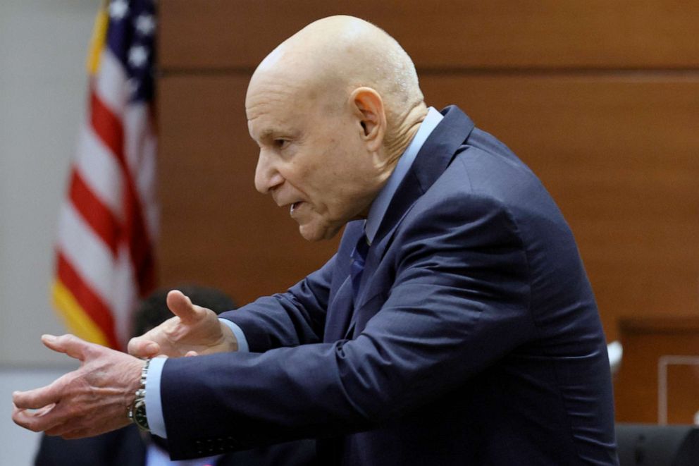 PHOTO: Assistant State Attorney Mike Satz gestures as if he is holding a rifle while giving his closing argument in the penalty phase at the Broward County Courthouse in Fort Lauderdale, Fla., Oct. 11, 2022.