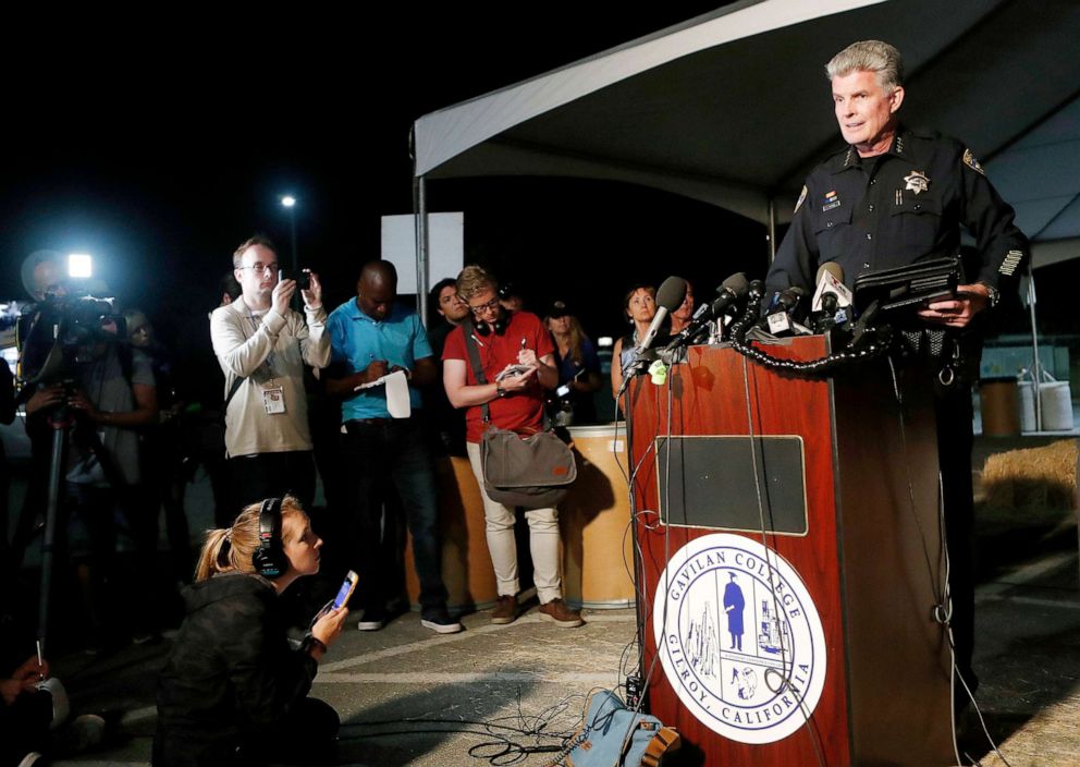 PHOTO: Gilroy Police Chief Scot Smithee speaks at a press conference at Gavilan College following a shooting at the Gilroy Garlic Festival, in Gilroy, Calif., July 28, 2018.