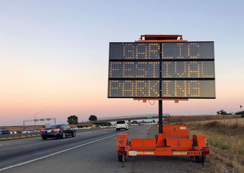 PHOTO: A road sign marks the Garlic Festival parking area in Gilroy, Calif., July 28, 2019.