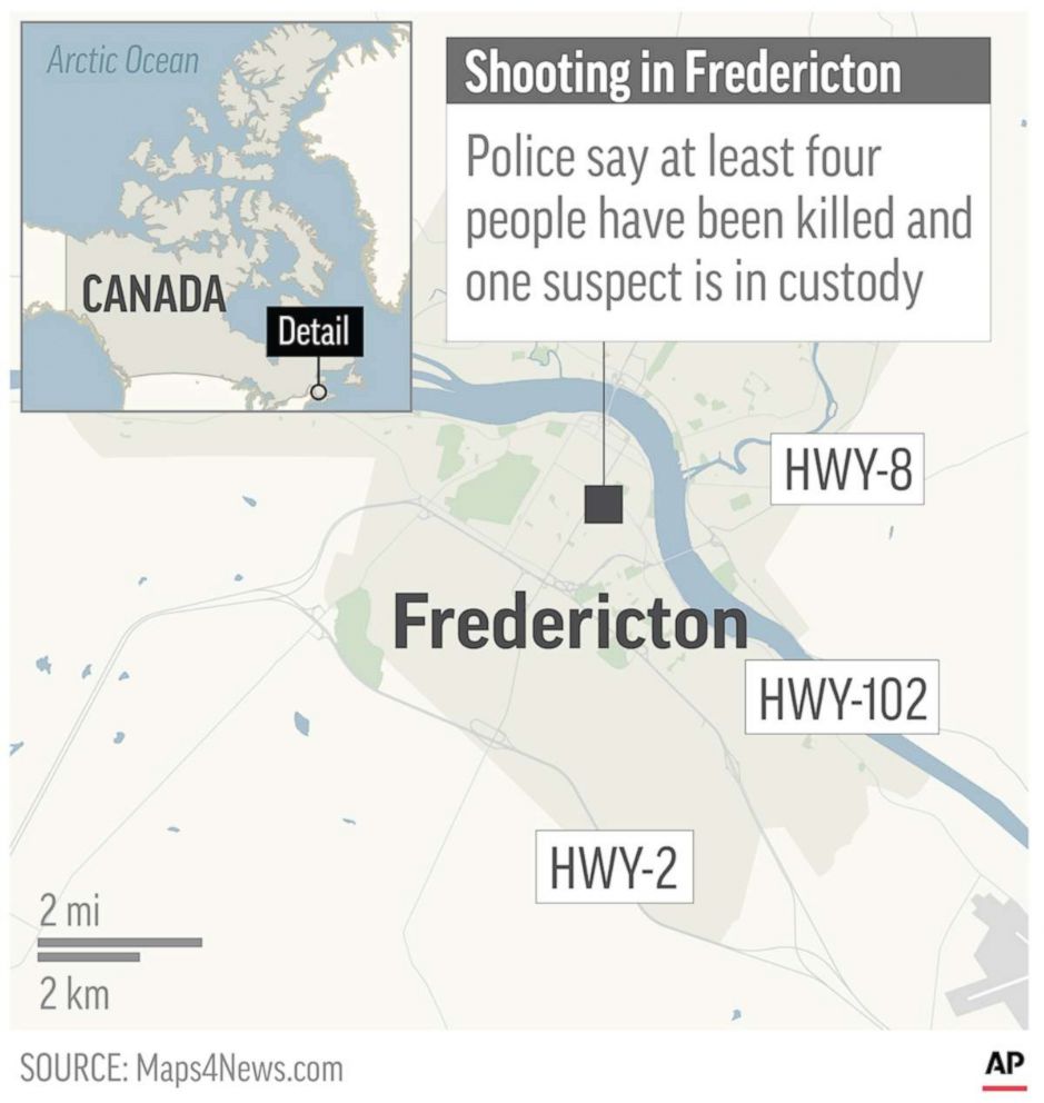 PHOTO: A map locates Fredericton, Canada, where a shooting has killed at least four people according to police, Aug. 10, 2018.