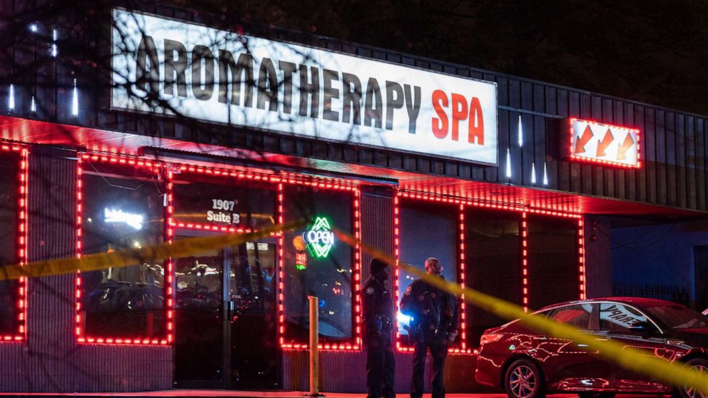 PHOTO: Law enforcement personnel are seen outside a spa on March 16, 2021, in Atlanta.