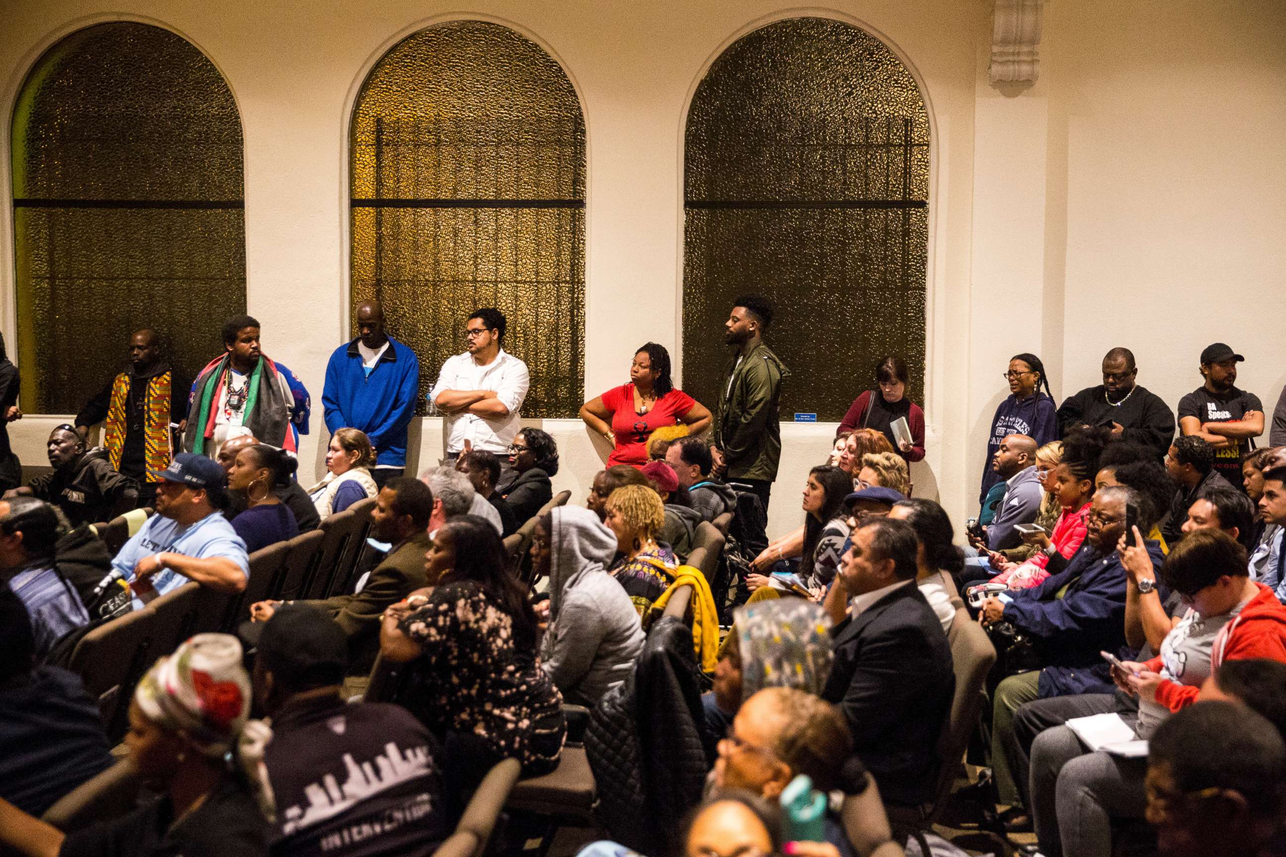 PHOTO: A large crowd fills the room for an emergency town hall meeting to discuss a shooting that led to the death of a 16 year old boy, at the New Congregational Missionary Baptist Church on Feb. 07, 2018, in Los Angeles.