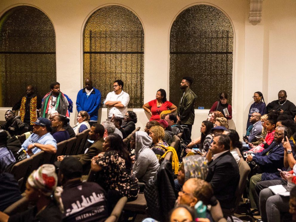 PHOTO: A large crowd fills the room for an emergency town hall meeting to discuss a shooting that led to the death of a 16 year old boy, at the New Congregational Missionary Baptist Church on Feb. 07, 2018, in Los Angeles.