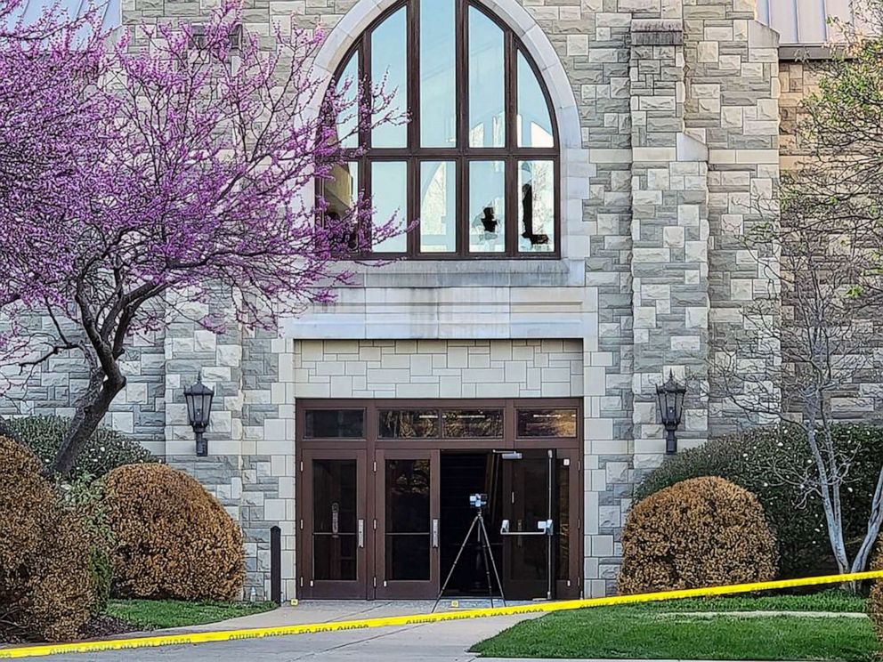 PHOTO: This image released by the Metro Nashville Police Department, March 27, 2023, shows the 2nd story broken windows the shooter fired from on arriving police vehicles at the Covenant School building at the Covenant Presbyterian Church,
