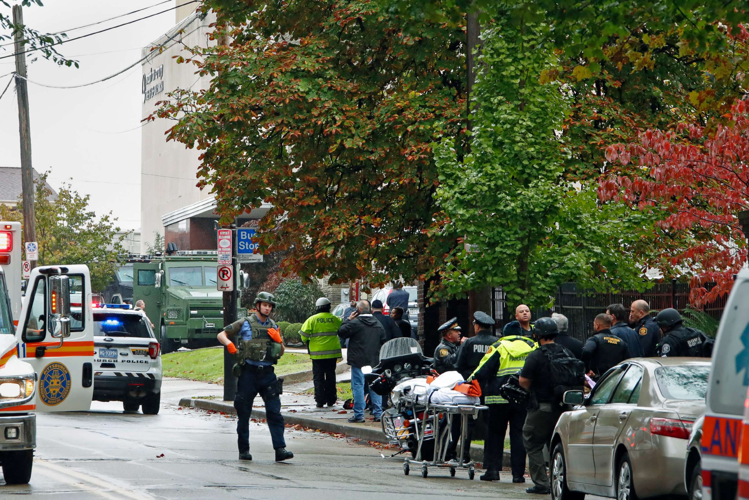 PHOTO: First responders surround the Tree of Life Synagogue in Pittsburgh where a shooter opened fire, Oct. 27, 2018.
