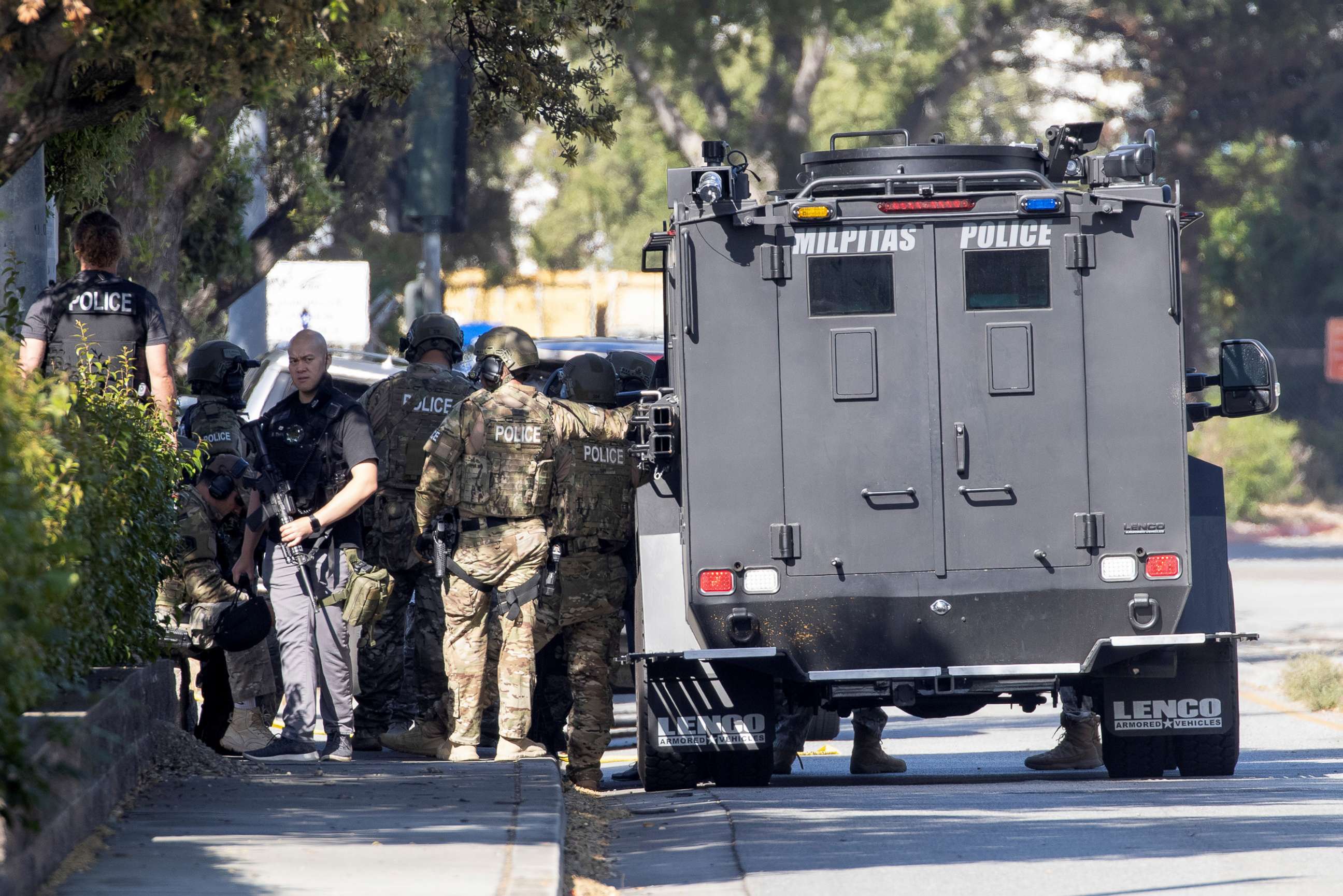 PHOTO: Police secure the scene of a shooting at a rail yard run by the Santa Clara Valley Transportation Authority in San Jose, Calif., May 26, 2021.