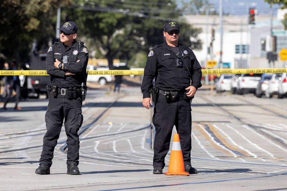 PHOTO: Police secure the scene of a shooting at a rail yard run by the Santa Clara Valley Transportation Authority in San Jose, Calif., May 26, 2021.