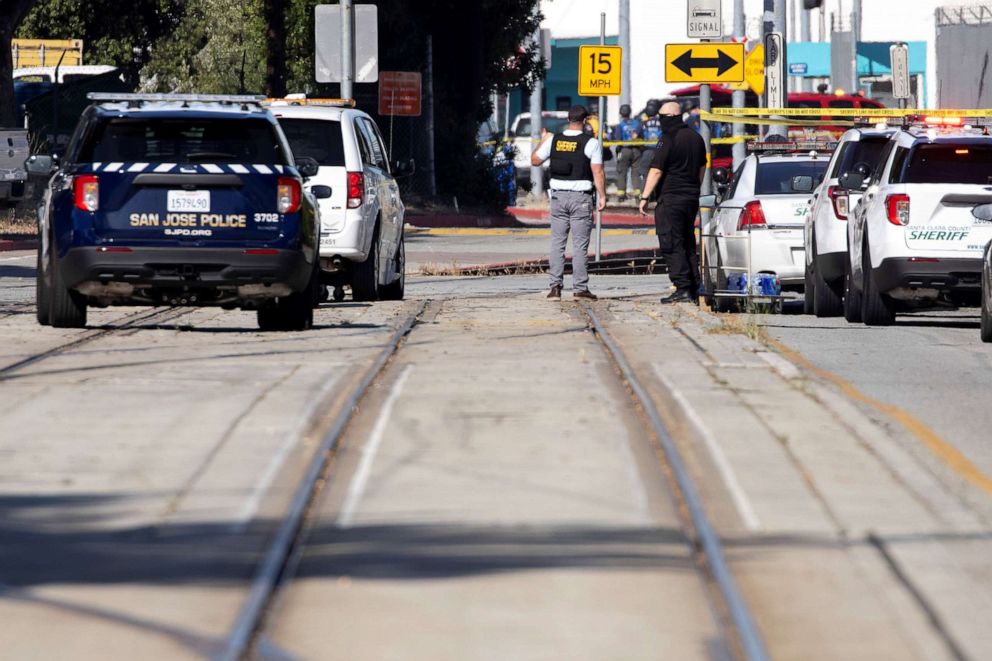 PHOTO: Police secure the scene of a shooting at a rail yard run by the Santa Clara Valley Transportation Authority in San Jose, Calif., May 26, 2021.