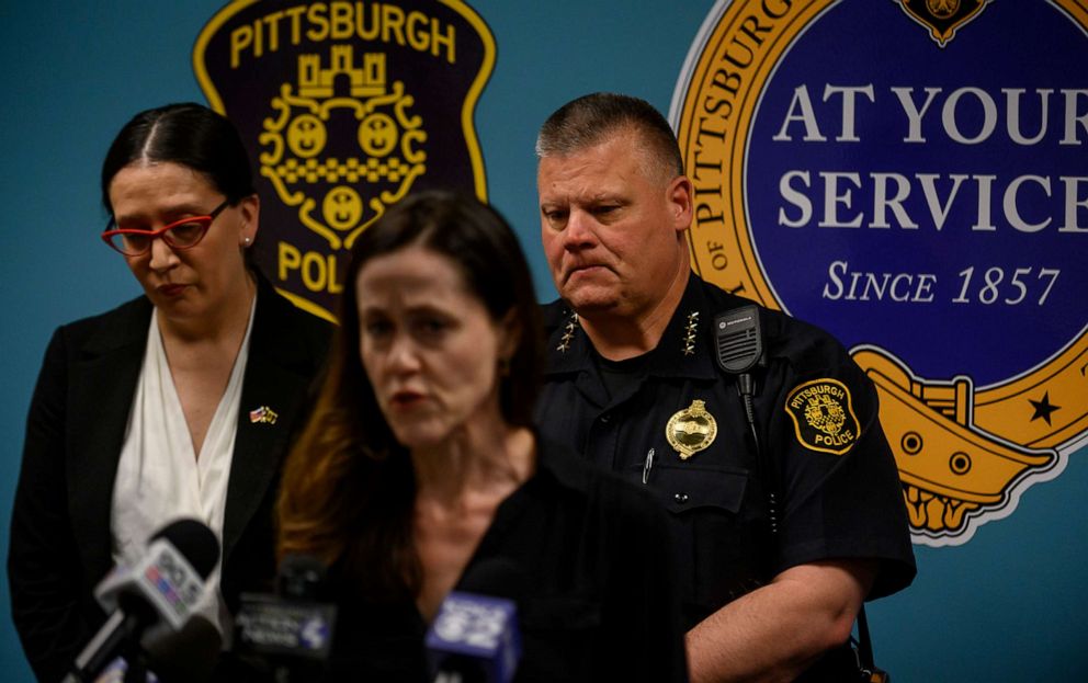 PHOTO: Pittsburgh Public Safety Department Communications Director Cara Cruz discusses the mayhem outside an Airbnb apartment rental along Suismon Street in Pittsburgh,.April 17, 2022.