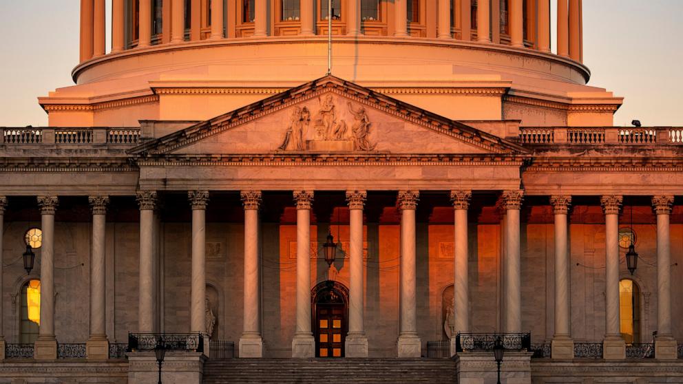 PHOTO: The Capitol is illuminated at dawn on the 6th day of the government shutdown, at the Capitol in Washington, Oct. 6, 2025.