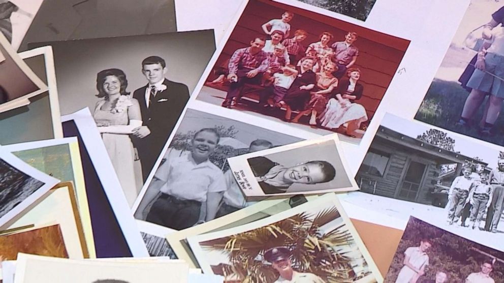 PHOTO: Family photos are displayed after Dennis Blackstone and Connie Rusk were reunited after 70 years of separation in Dallas, Texas.