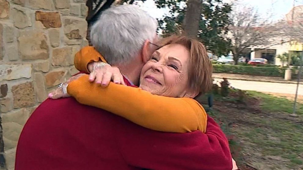 PHOTO: Dennis Blackstone hugs his sister, Connie Rusk, when the two were reunited after 70 years of separation in Dallas, Texas.