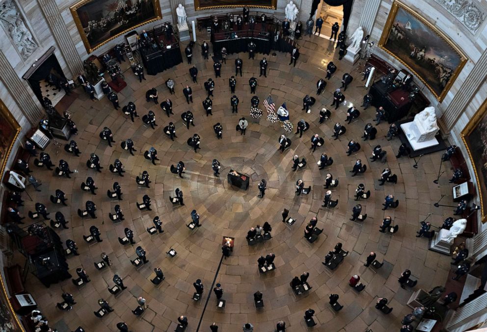 PHOTO: Senate Majority Leader Chuck Schumer delivers remarks during the memorial service for Capitol Hill Police Officer Brian Sicknick as he lies in honor in the Rotunda of the US Capitol, Feb. 3, 2021, in Washington.