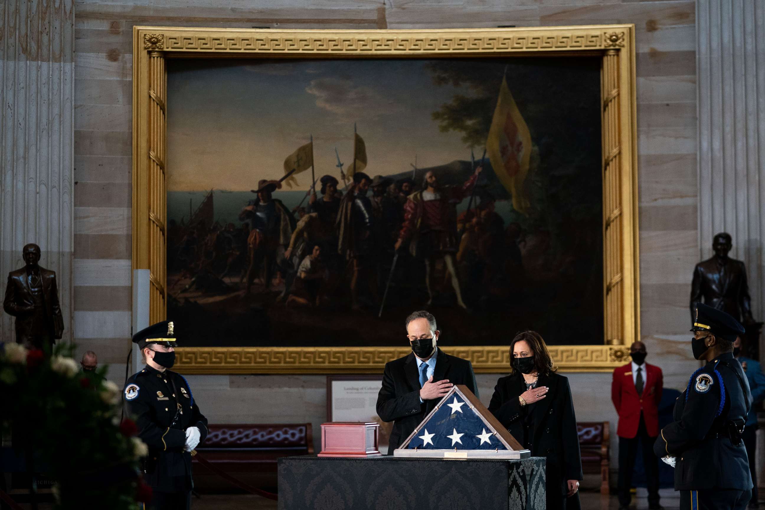 PHOTO: Vice President Kamala Harris and second gentleman Doug Emhoff pay their respects during a ceremony for U.S. Capitol Police Officer Brian D. Sicknick as he lies in honor in the Rotunda of the Capitol on Feb. 3, 2021, in Washington.