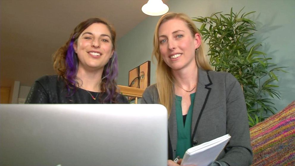 PHOTO: Alicia Ostarello and Angie Sommer discuss how they write wedding vows as their "side hustle" in an interview with ABC News' Becky Worley. 