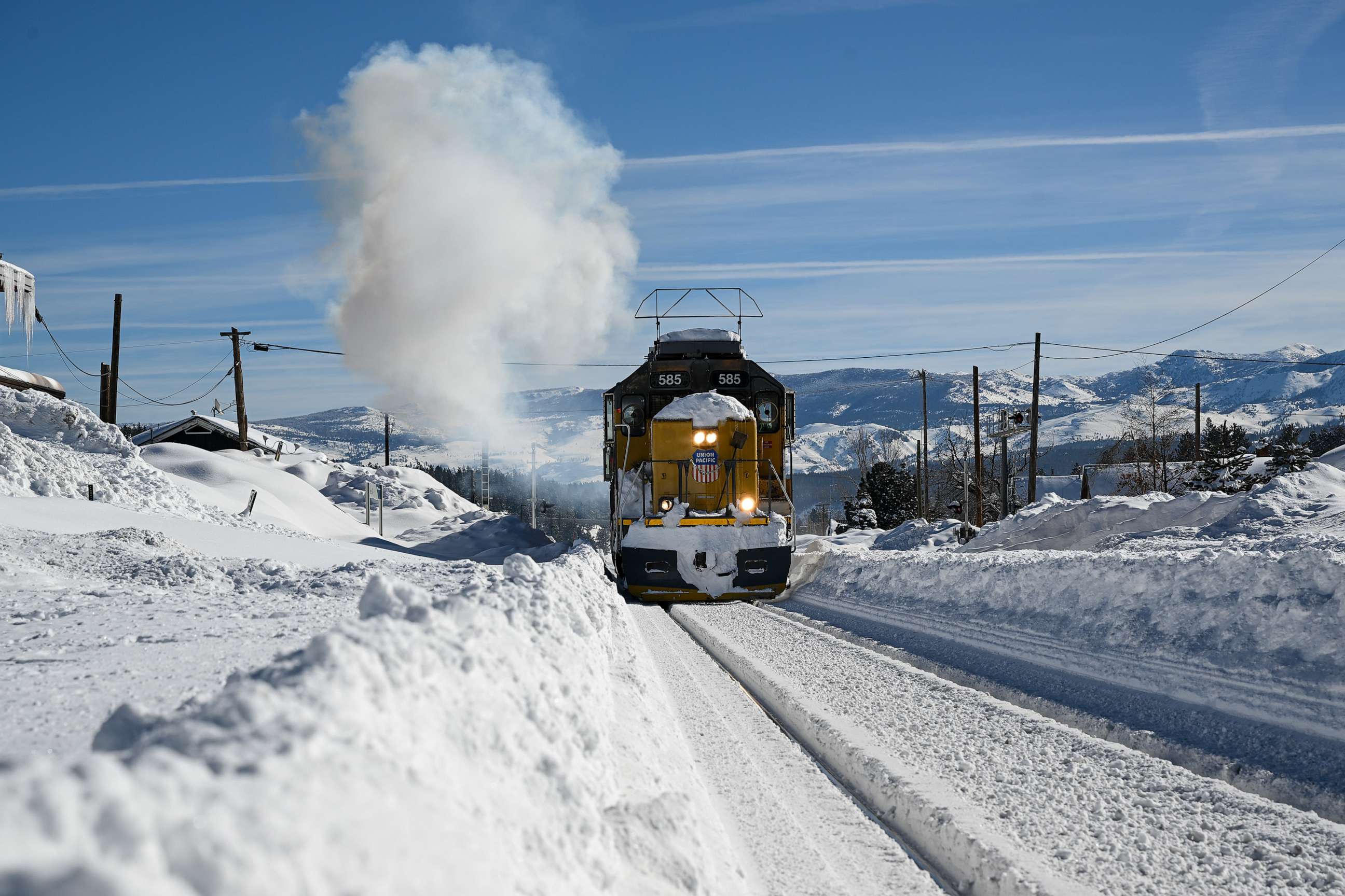PHOTO: A view of Union Pacific Train moves as the railroad covered with snow, March 2, 2023, in Truckee, Calif.