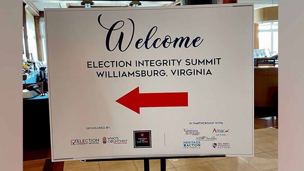 PHOTO: A sign welcomes attendees to an event organized by Trump election supporters at a resort in Williamsburg, Virginia, in April, 2022.