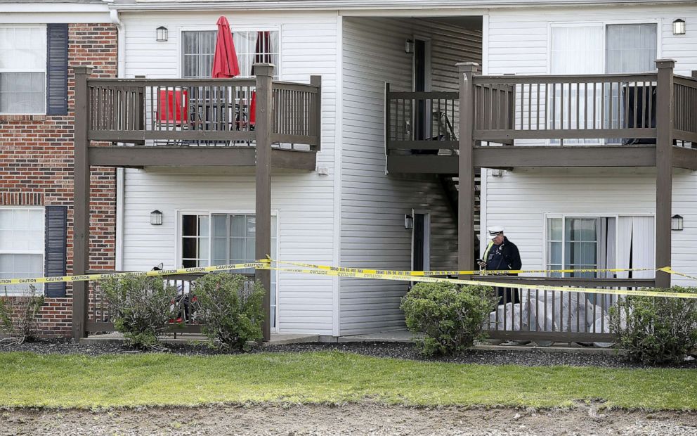 PHOTO: Crime scene tape surrounds an apartment building, April 29, 2019, after four relatives were found dead Sunday night at Lakefront at West Chester apartment complex.