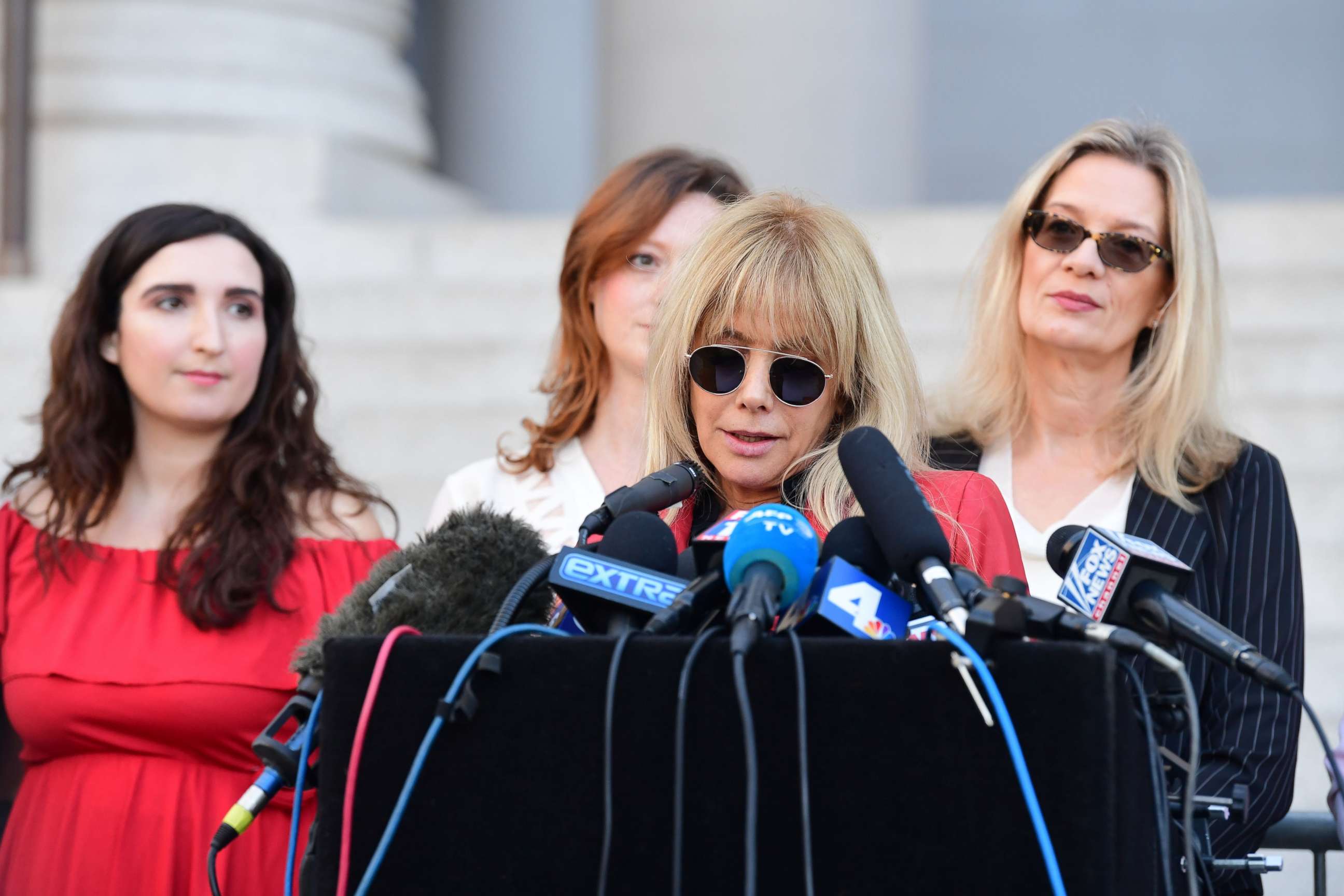 PHOTO: Actress Rosanna Arquette speaks alongside a group of Silence Breakers about Harvey Weinsteins sexual misconduct, during a press conference following Weinstein's guilty verdict on Feb. 25, 2020, in Los Angeles.
