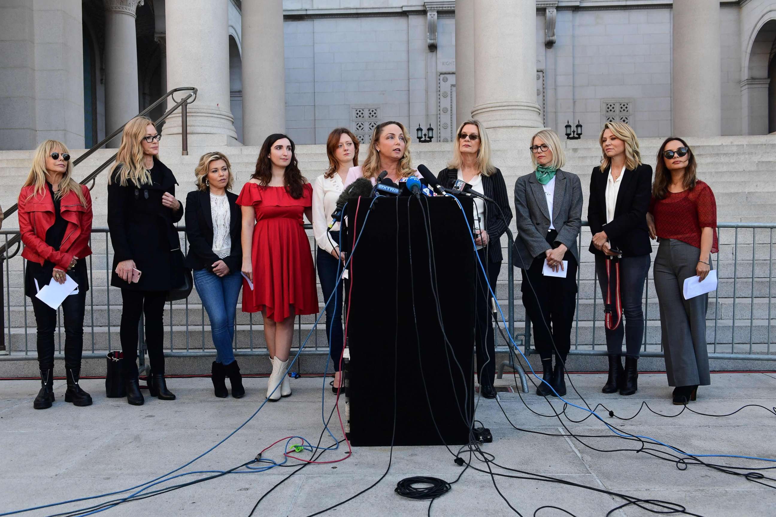 PHOTO: Louisette Geiss speaks alongside a group of Silence Breakers about Harvey Weinsteins sexual misconduct, during a press conference following Weinstein's guilty verdict on Feb. 25, 2020, in Los Angeles.