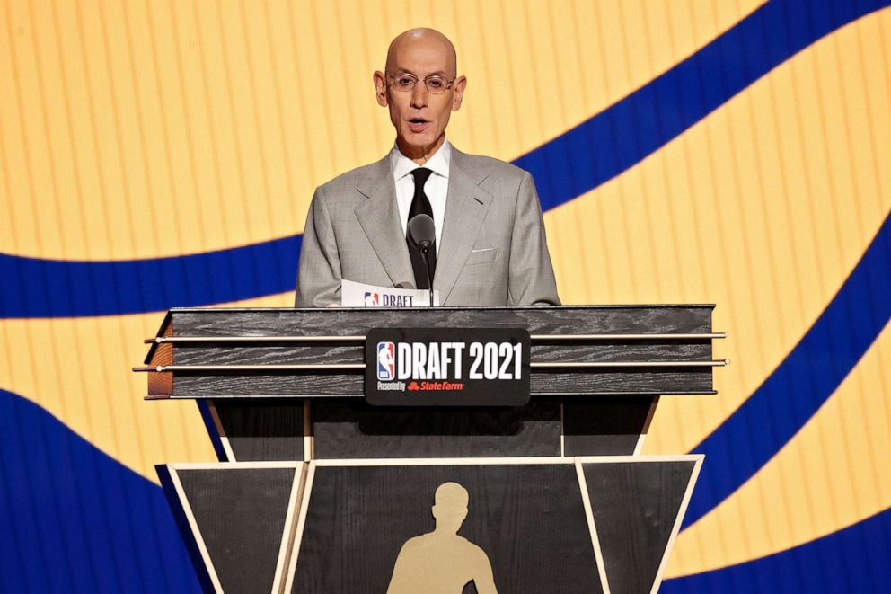 PHOTO: NBA commissioner Adam Silver announces a pick for the Indiana Pacers during the 2021 NBA Draft at the Barclays Center, July 29, 2021, in New York.