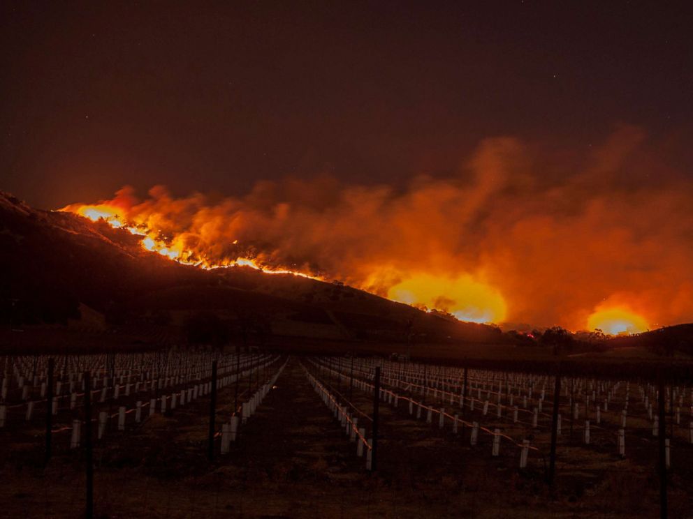PHOTO: Flames moved through the hills above the Silverado Trail as a wildfire raged through the Napa/Sonoma wine region, Oct. 9, 2017.