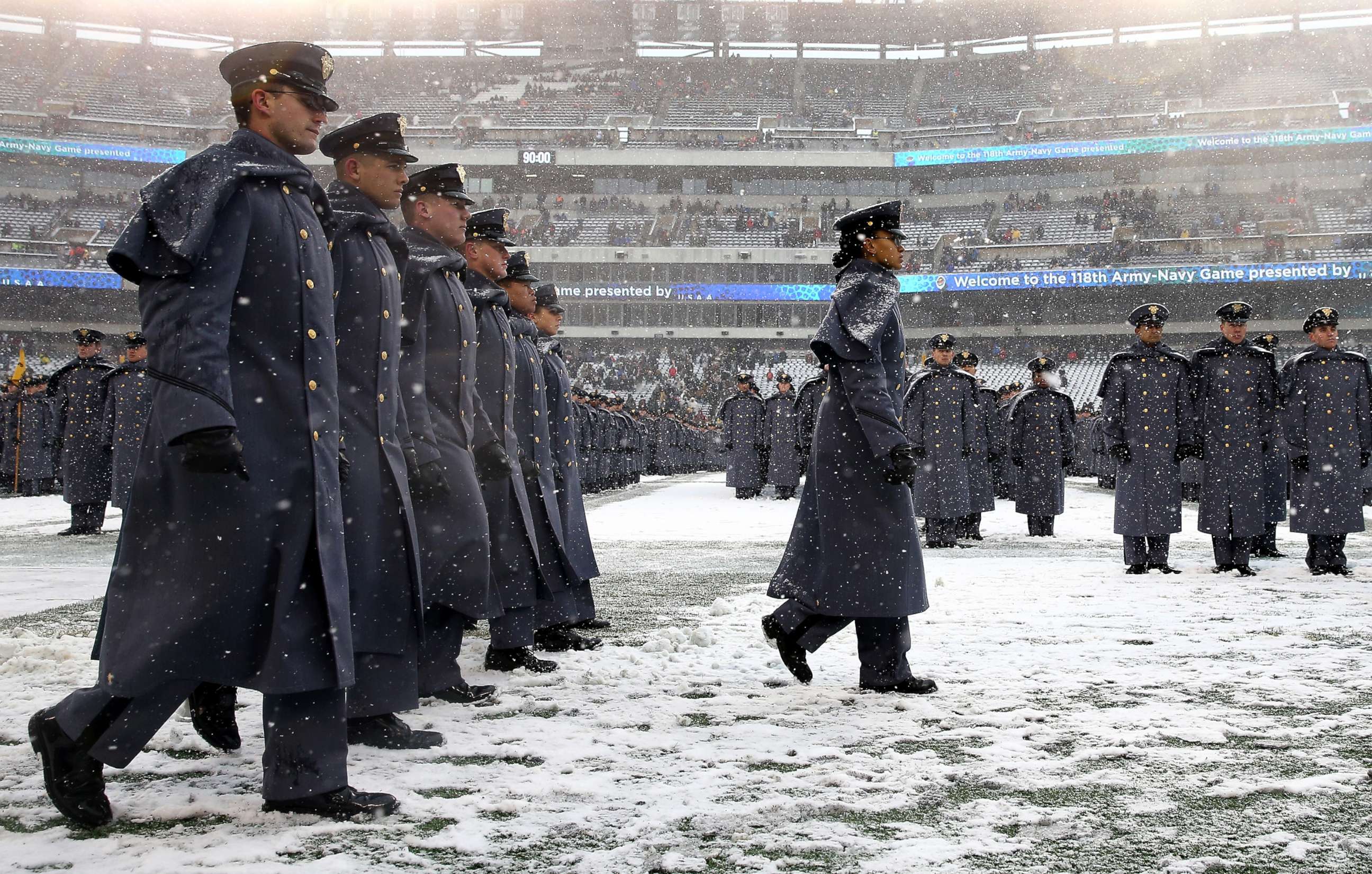 PHOTO: Simone Askew, first captain of the Corps of Cadets leads the "march on" before the game between the Army Black Knights and the Navy Midshipmen, Dec. 9, 2017  at Lincoln Financial Field in Philadelphia. 