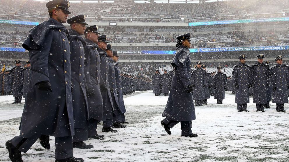 PHOTO: Simone Askew, first captain of the Corps of Cadets leads the "march on" before the game between the Army Black Knights and the Navy Midshipmen, Dec. 9, 2017  at Lincoln Financial Field in Philadelphia. 