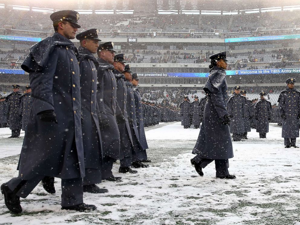 PHOTO: Simone Askew, first captain of the Corps of Cadets leads the march on before the game between the Army Black Knights and the Navy Midshipmen, Dec. 9, 2017 at Lincoln Financial Field in Philadelphia.