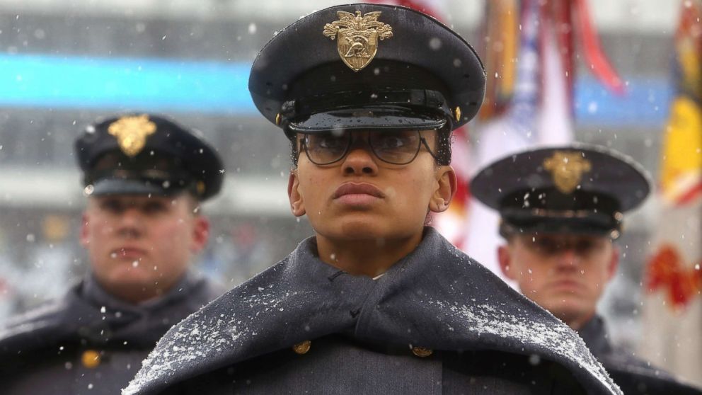 PHOTO: First Captain Simone Askew stands in formation as she leads the "march on" of Army Cadets before the 118th meeting of the annual Army Navy football game, Dec. 9, 2017 in Philadelphia. 