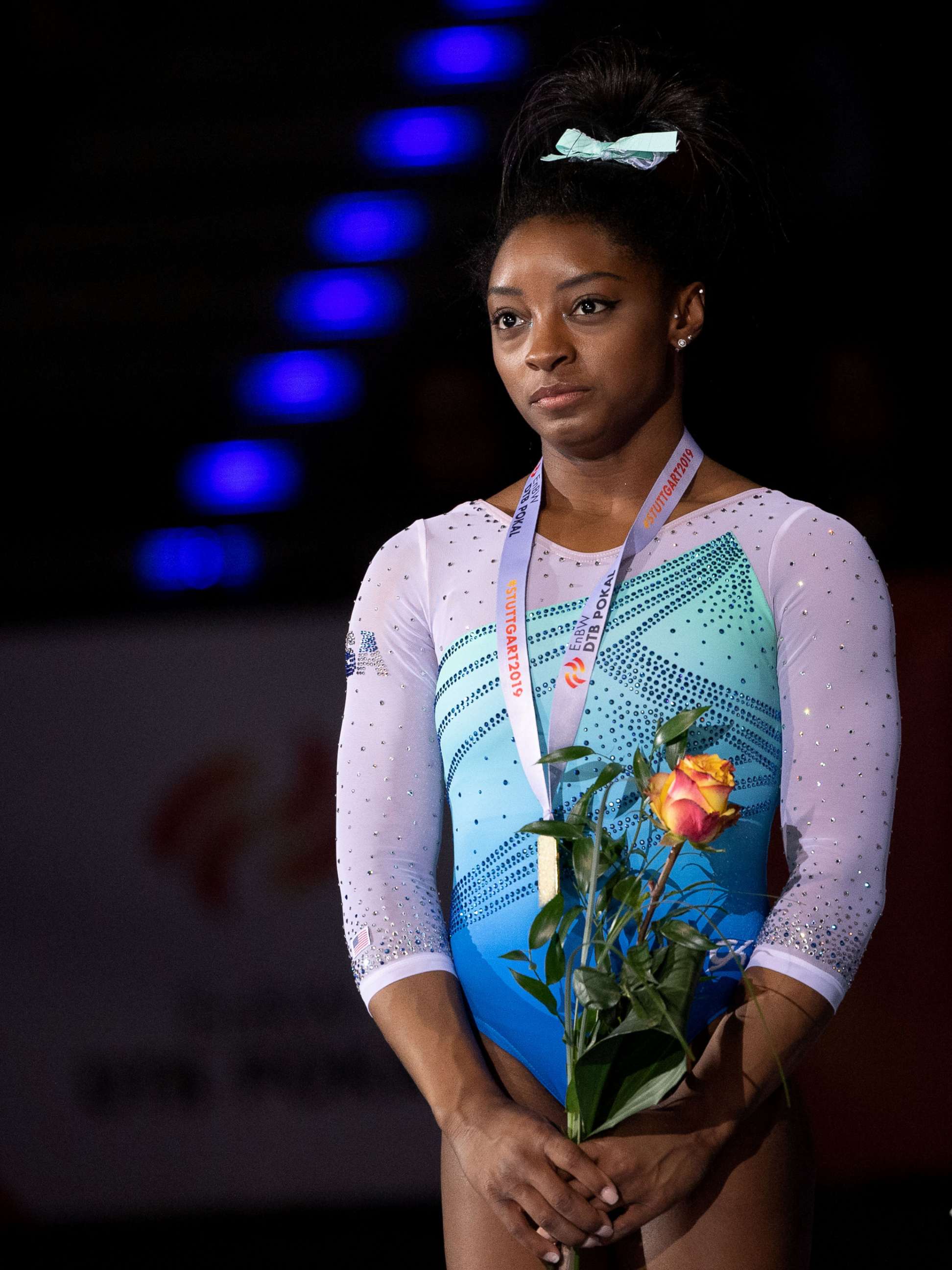 PHOTO: In this March 17, 2019, file photo, Simone Biles is shown at the 2019 FIG Artistic Gymnatics World Cup all-around awards ceremony, in Stuttgart, Germany.