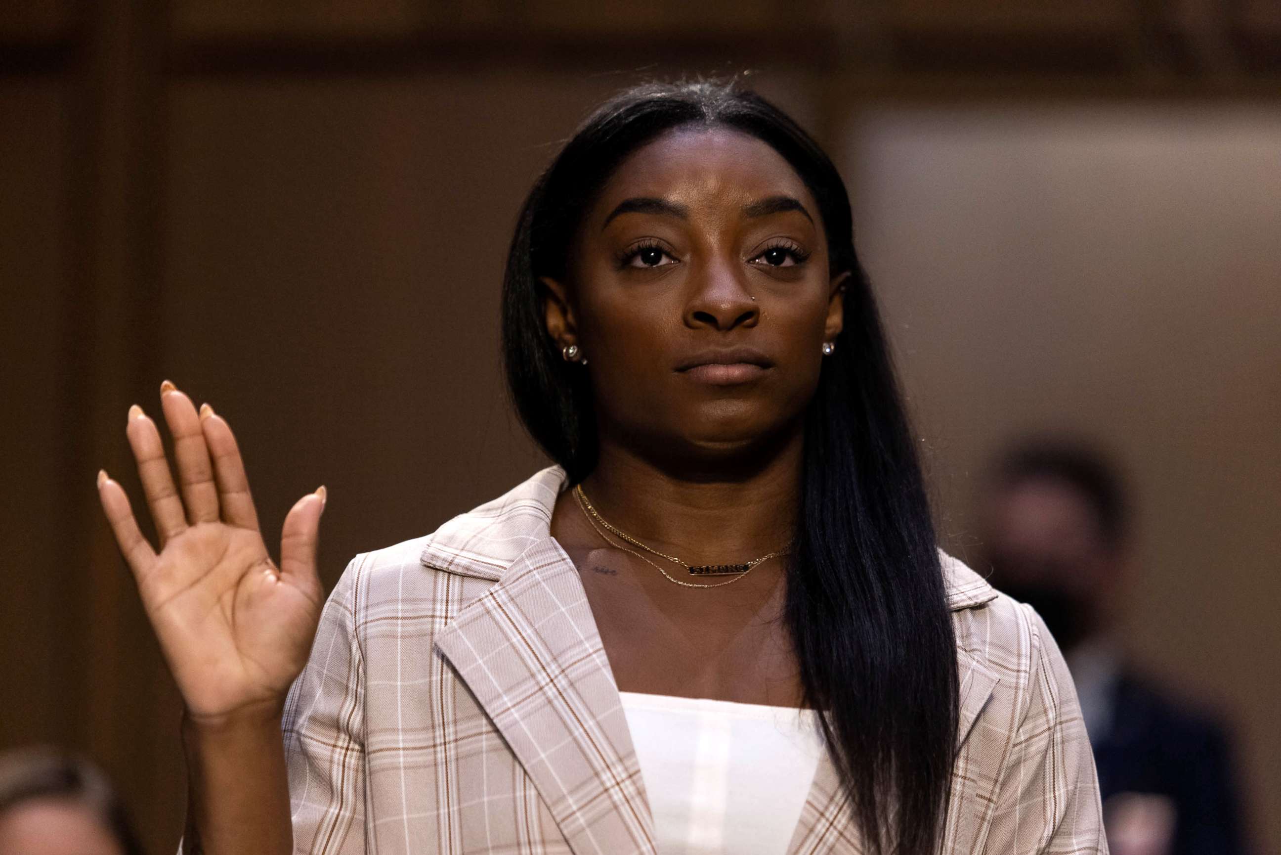 PHOTO: U.S. Olympic gymnast Simone Biles is sworn in during a Senate Judiciary hearing about the Larry Nassar sexual abuse investigation on Sept. 15, 2021, in Washington, D.C.