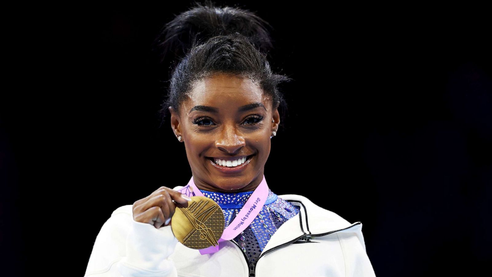 PHOTO: Gold medalist Simone Biles of Team United States poses for a photo during the medal ceremony for the Women's All Around Final on Day Seven of the 2023 Artistic Gymnastics World Championships, on Oct. 6, 2023, in Antwerp, Belgium.