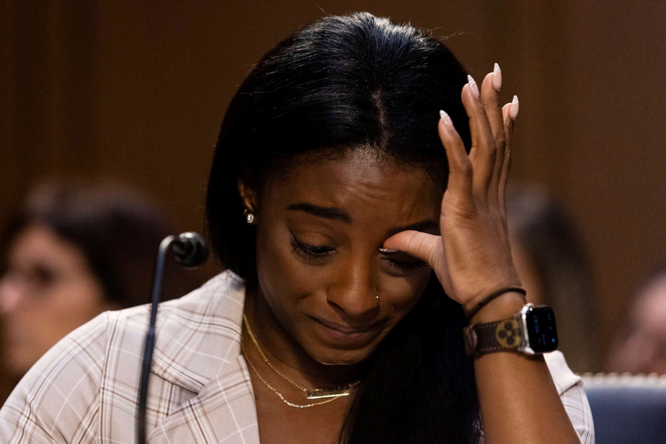 PHOTO: U.S. Olympic gymnast Simone Biles testifies during a Senate Judiciary hearing about the inspector general's report on the FBI handling of the Larry Nassar investigation of sexual abuse of Olympic gymnasts, in Washington, D.C., on Sept. 15, 2021.