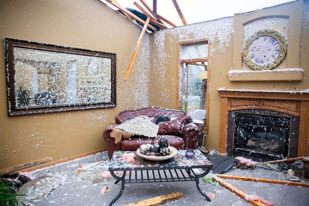 PHOTO: A living room is pictured after a devastating tornado hit in Sioux Falls, Sept. 11, 2019.