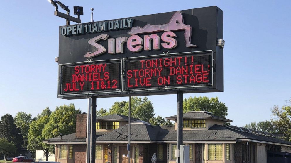 PHOTO: Stormy Daniels' 2018 appearance is promoted on a sign in front of the Sirens strip club in Columbus, Ohio, July 2018.
