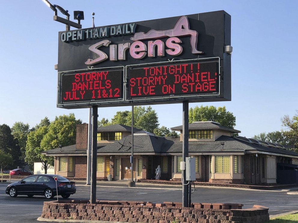 PHOTO: Stormy Daniels' 2018 appearance is promoted on a sign in front of the Sirens strip club in Columbus, Ohio, July 2018.