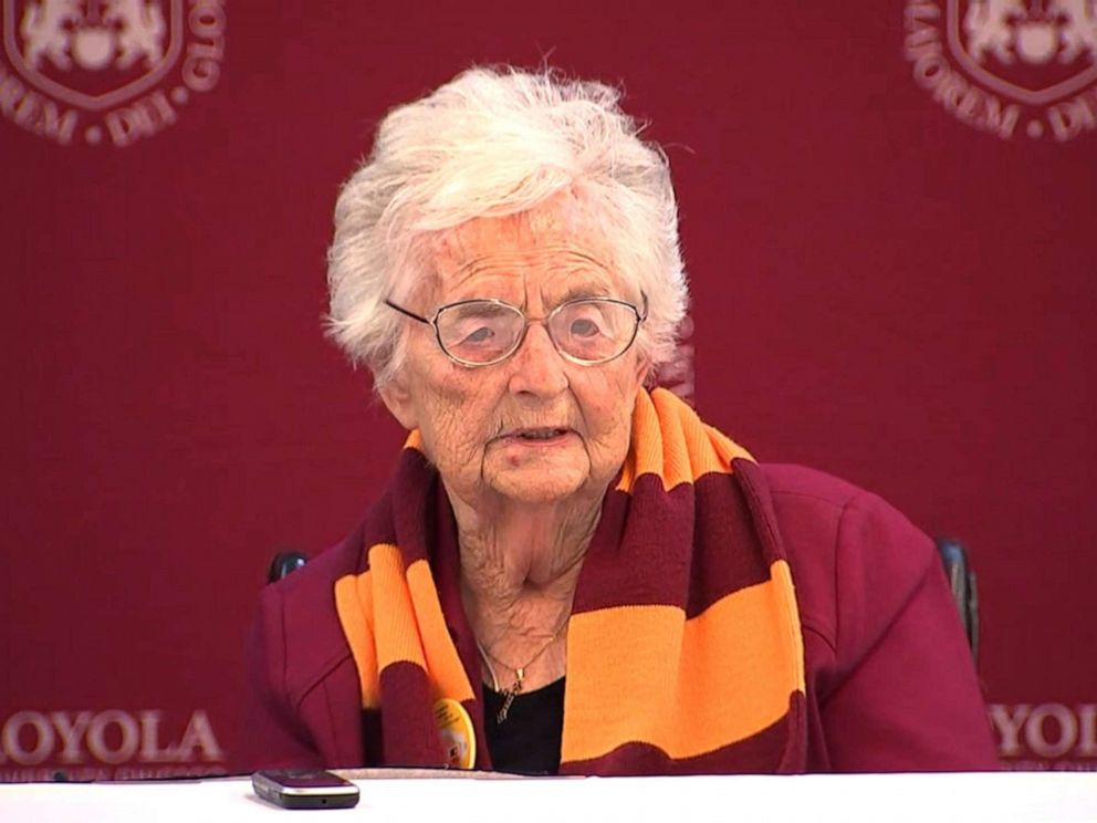 PHOTO: Loyola University Chicago held a campus celebration, Aug. 21, 2019, to mark the 100th birthday of superfan and basketball team chaplain Sister Jean Dolores Schmidt.