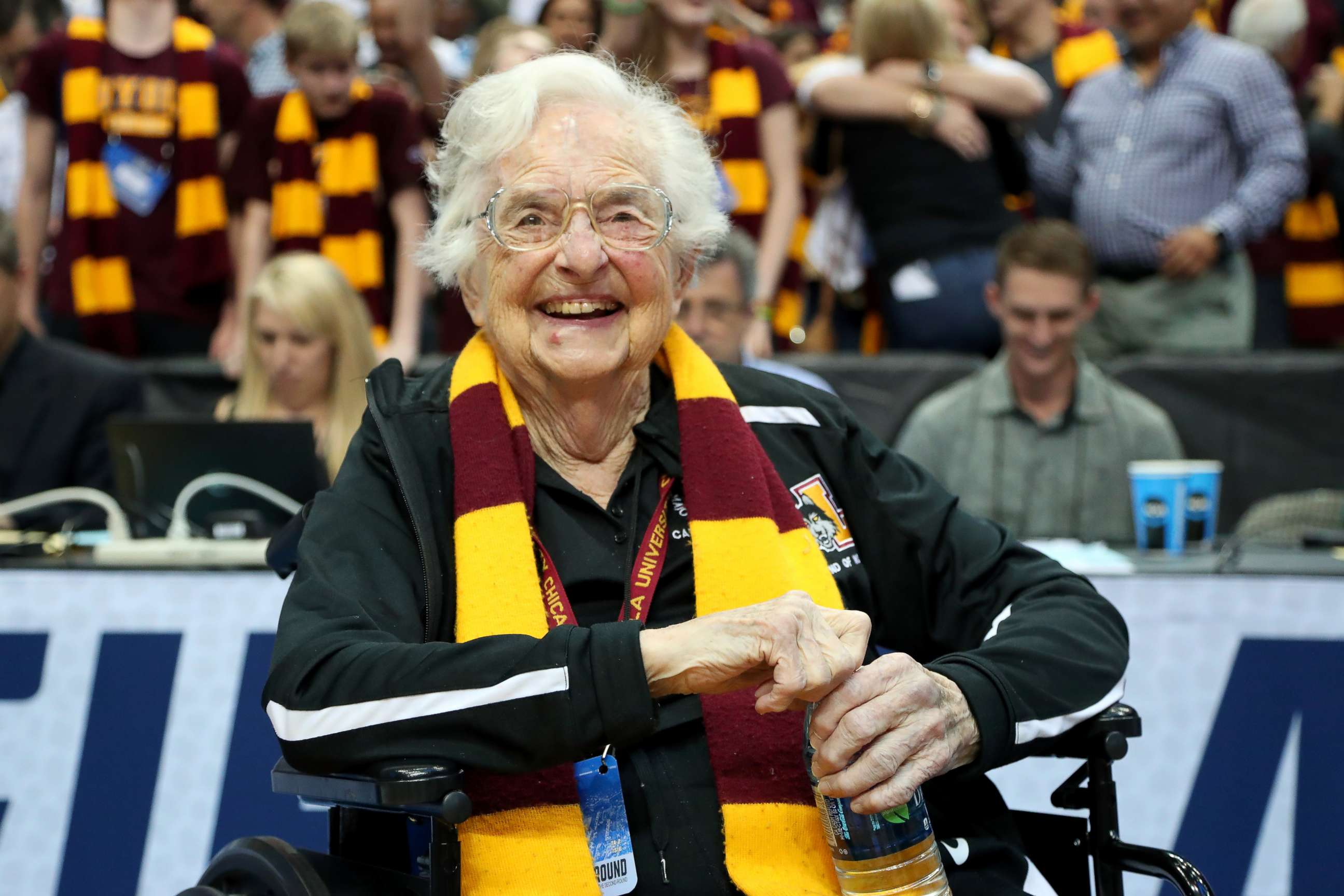 PHOTO: Sister Jean Dolores-Schmidt celebrates after the Loyola Ramblers beat the Tennessee Volunteers 63-62 in the second round of the 2018 NCAA Tournament at the American Airlines Center, March 17, 2018 in Dallas.